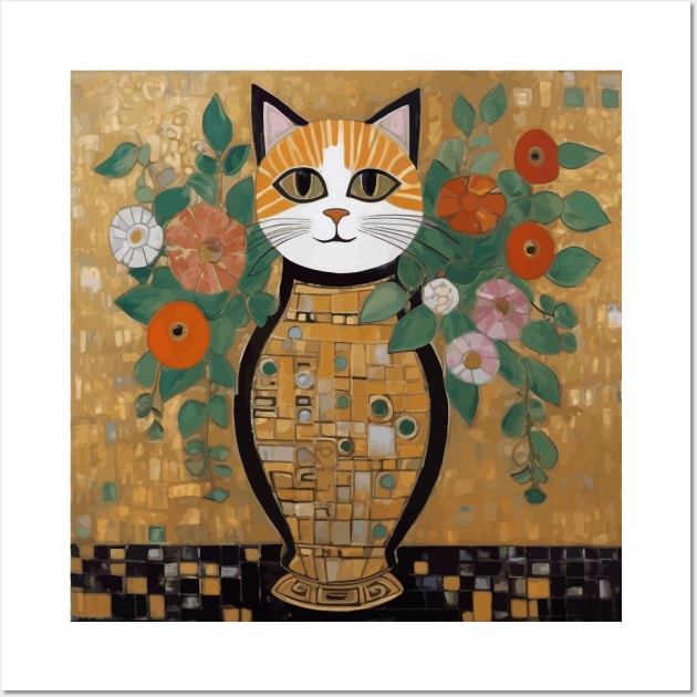 Klimt Cat with Colorful Flowers in a Geometric Vase Wall Art by bragova